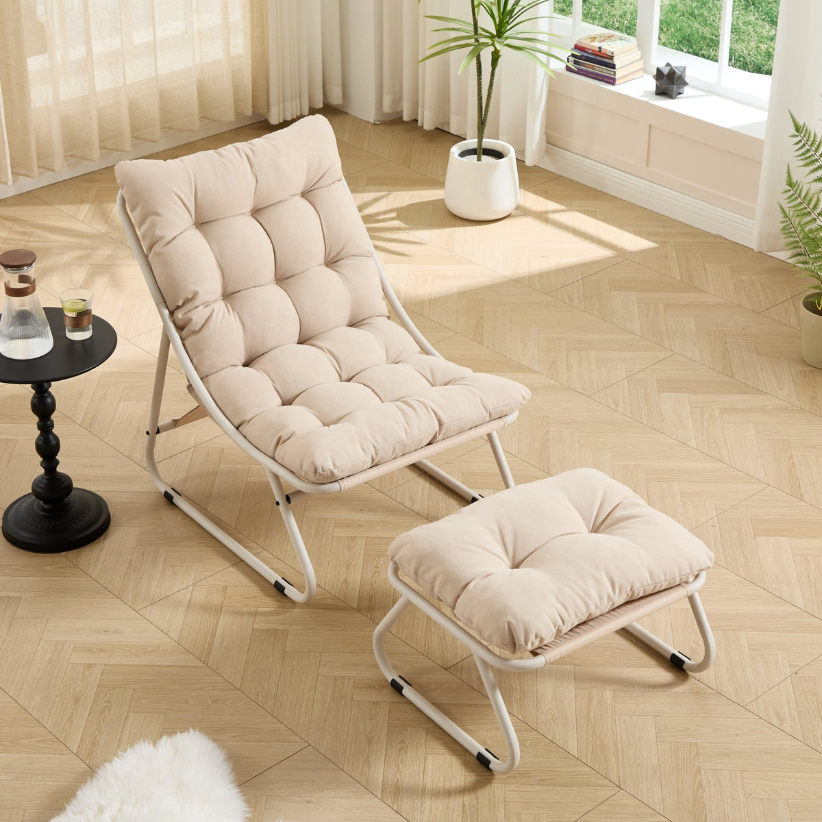Modern Beige Outdoor Lounge Chair with Ottoman - 1st Choice Furniture Direct
