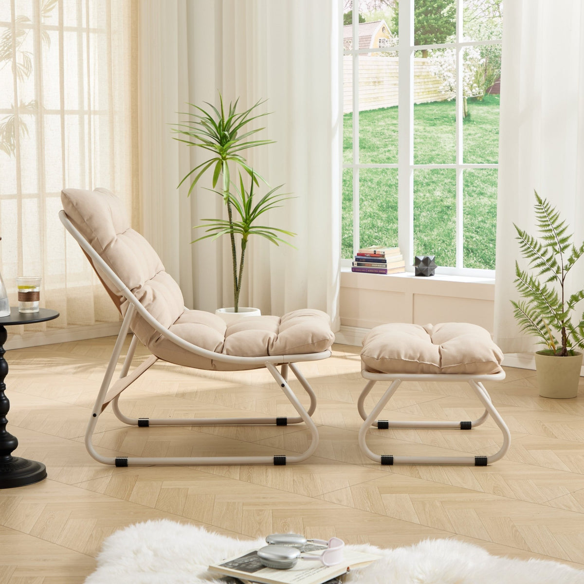 Modern Beige Outdoor Lounge Chair with Ottoman - 1st Choice Furniture Direct