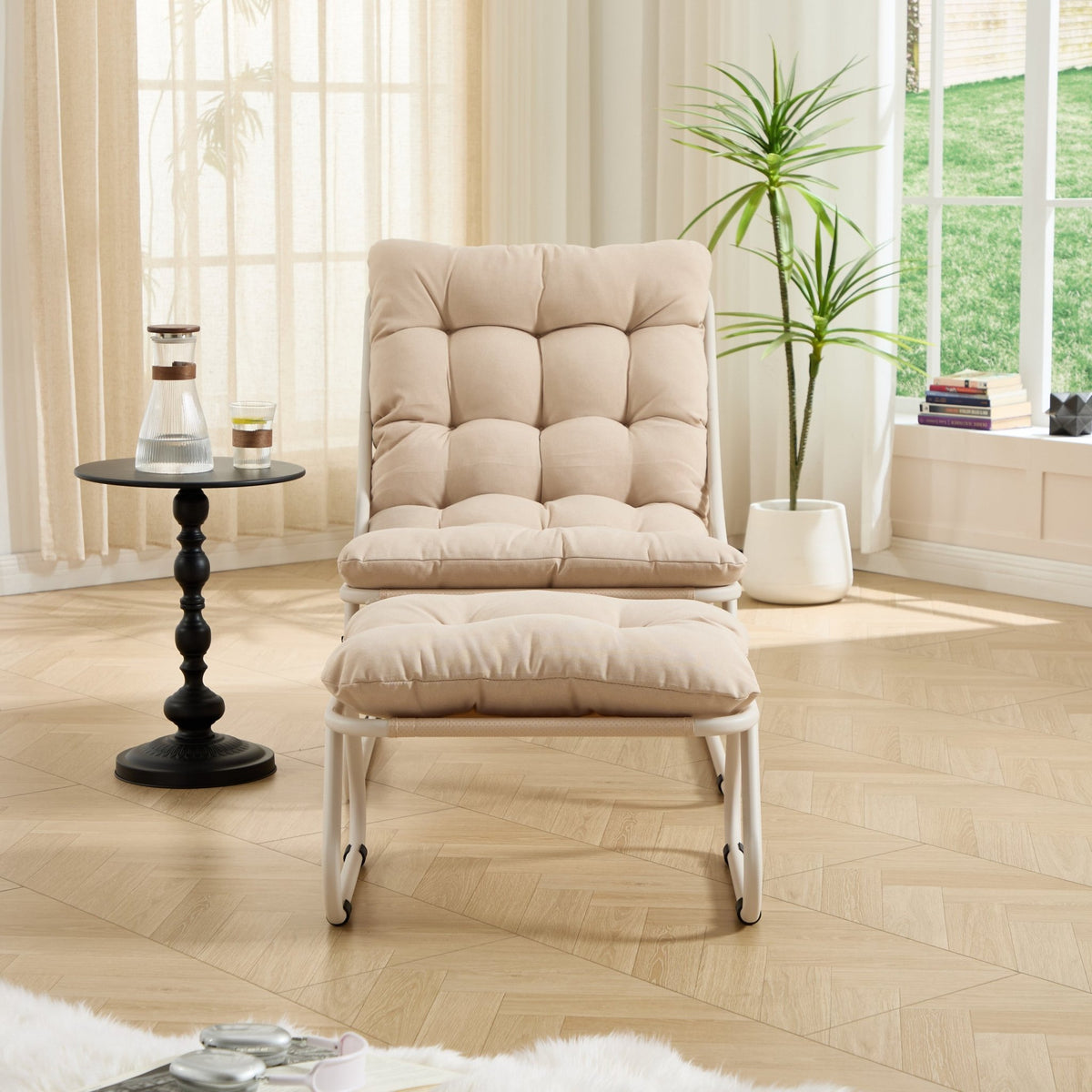 Modern Beige Outdoor Lounge Chair with Ottoman - 1st Choice Furniture Direct