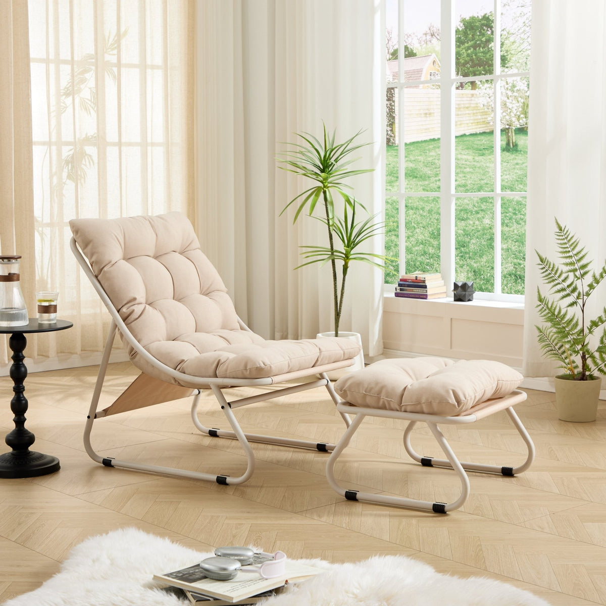 Modern Beige Outdoor Lounge Chair with Ottoman - 1st Choice Furniture Direct