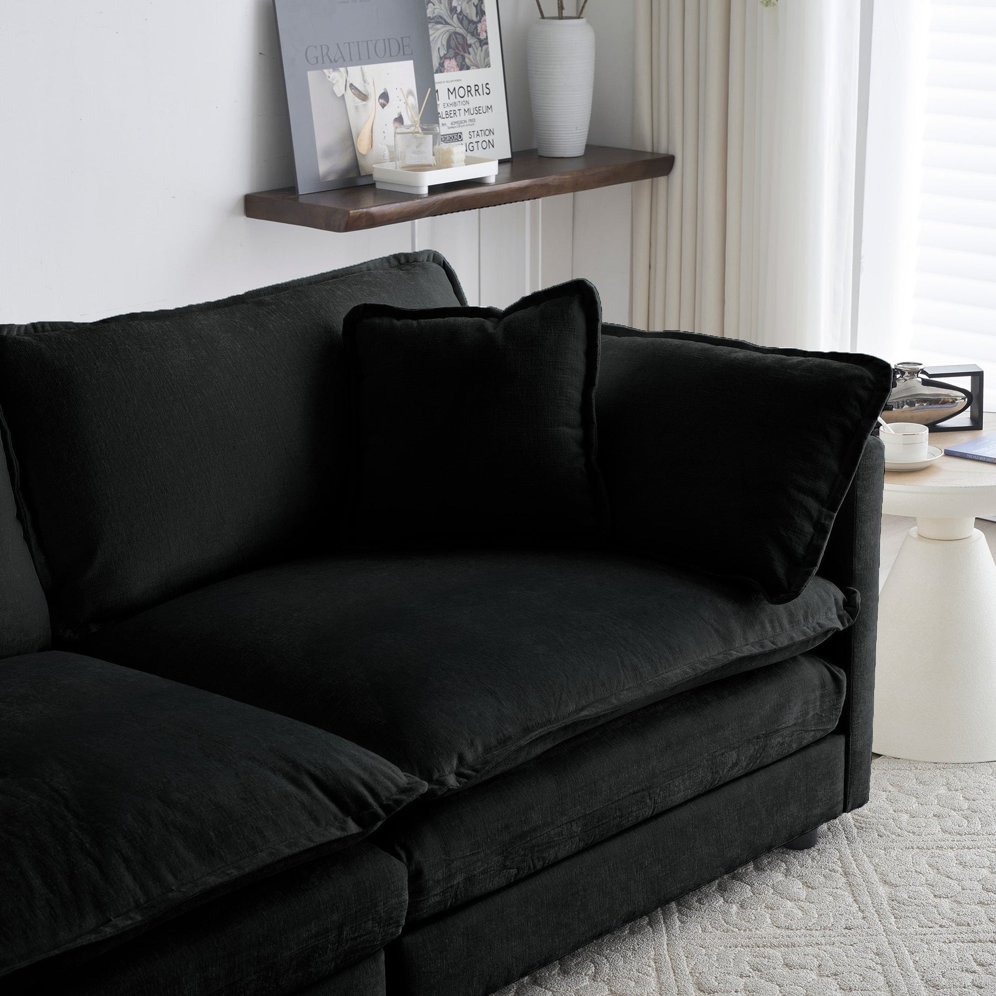 Modern Black Chenille Ottoman – Modular Upholstered Footrest Stool - 1st Choice Furniture Direct