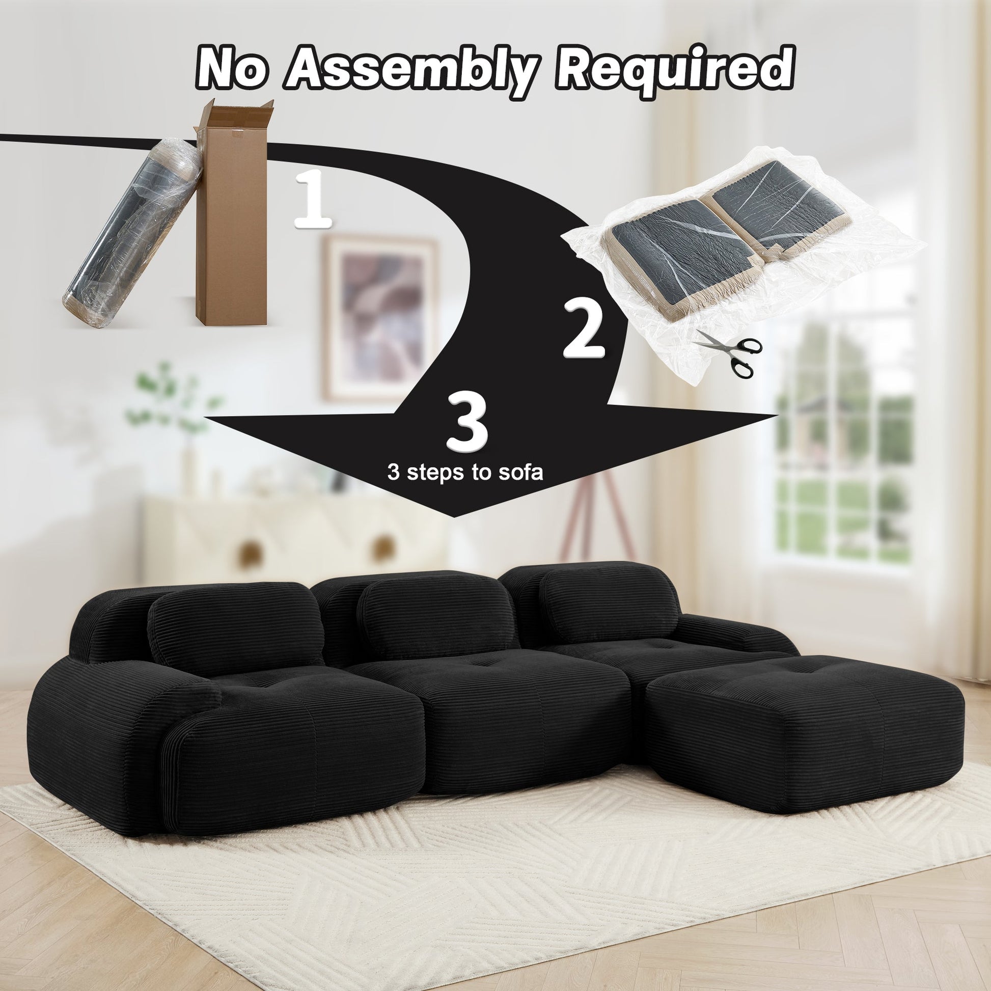 Modern Black Corduroy Modular Sectional Sofa – 3 Seat Cloud Comfort Couch - 1st Choice Furniture Direct