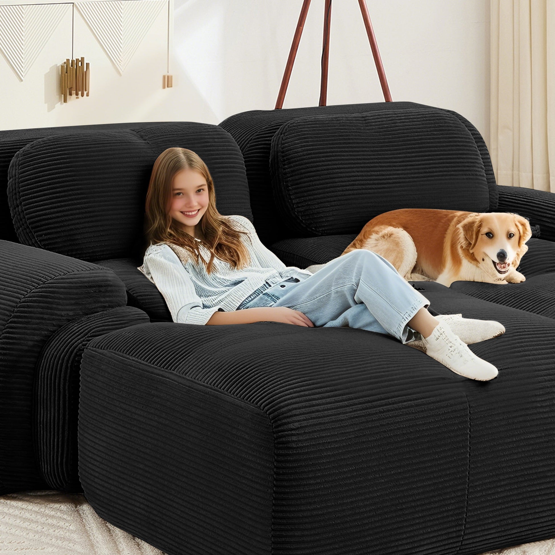 Modern Black Corduroy Modular Sectional Sofa – 3 Seat Cloud Comfort Couch - 1st Choice Furniture Direct