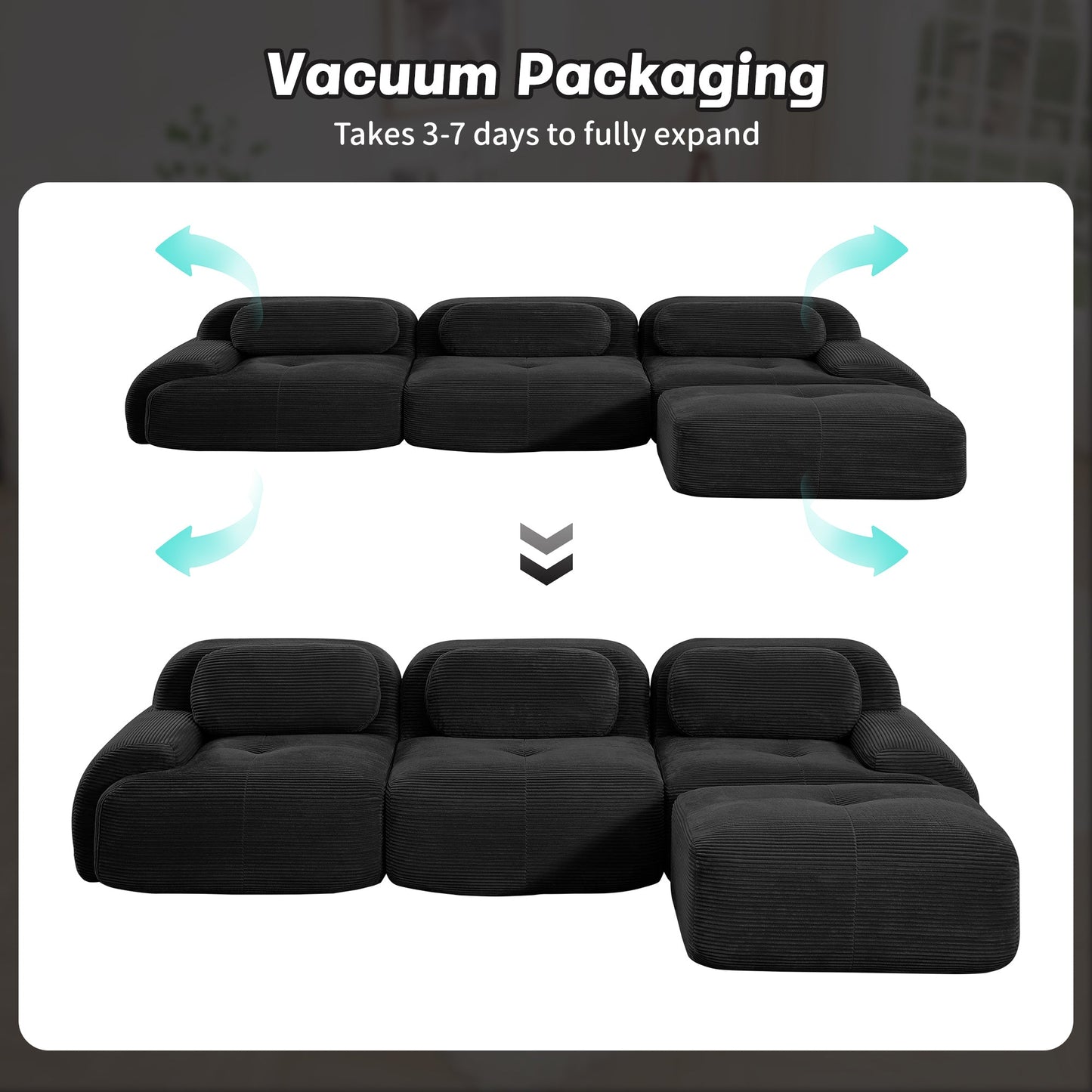 Modern Black Corduroy Modular Sectional Sofa – 3 Seat Cloud Comfort Couch - 1st Choice Furniture Direct