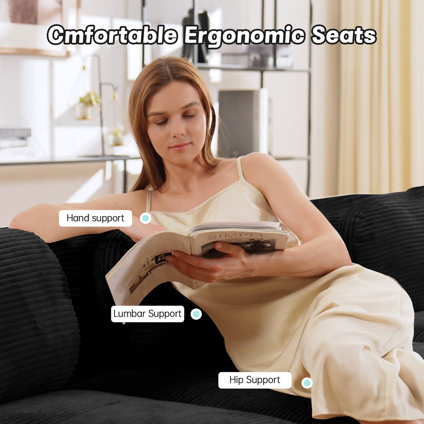 Modern Black Corduroy Modular Sectional Sofa – 3 Seat Cloud Comfort Couch - 1st Choice Furniture Direct