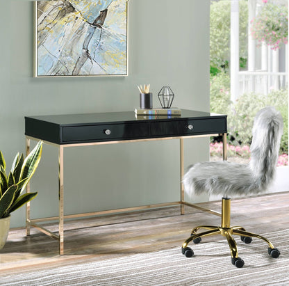 Modern Black High Gloss Writing Desk with Gold Metal Base - 1st Choice Furniture Direct