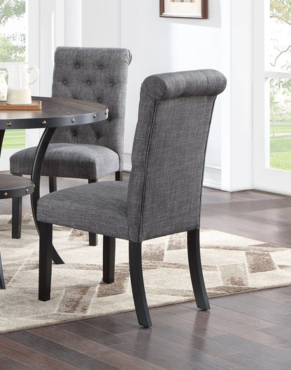 Modern Classic Dining Room Furniture Natural Wood Round Dining Table 4x Side Chairs Charcoal Fabric Tufted Roll Back Top Chair Storage Shelve 5pc Dining Set - 1st Choice Furniture Direct