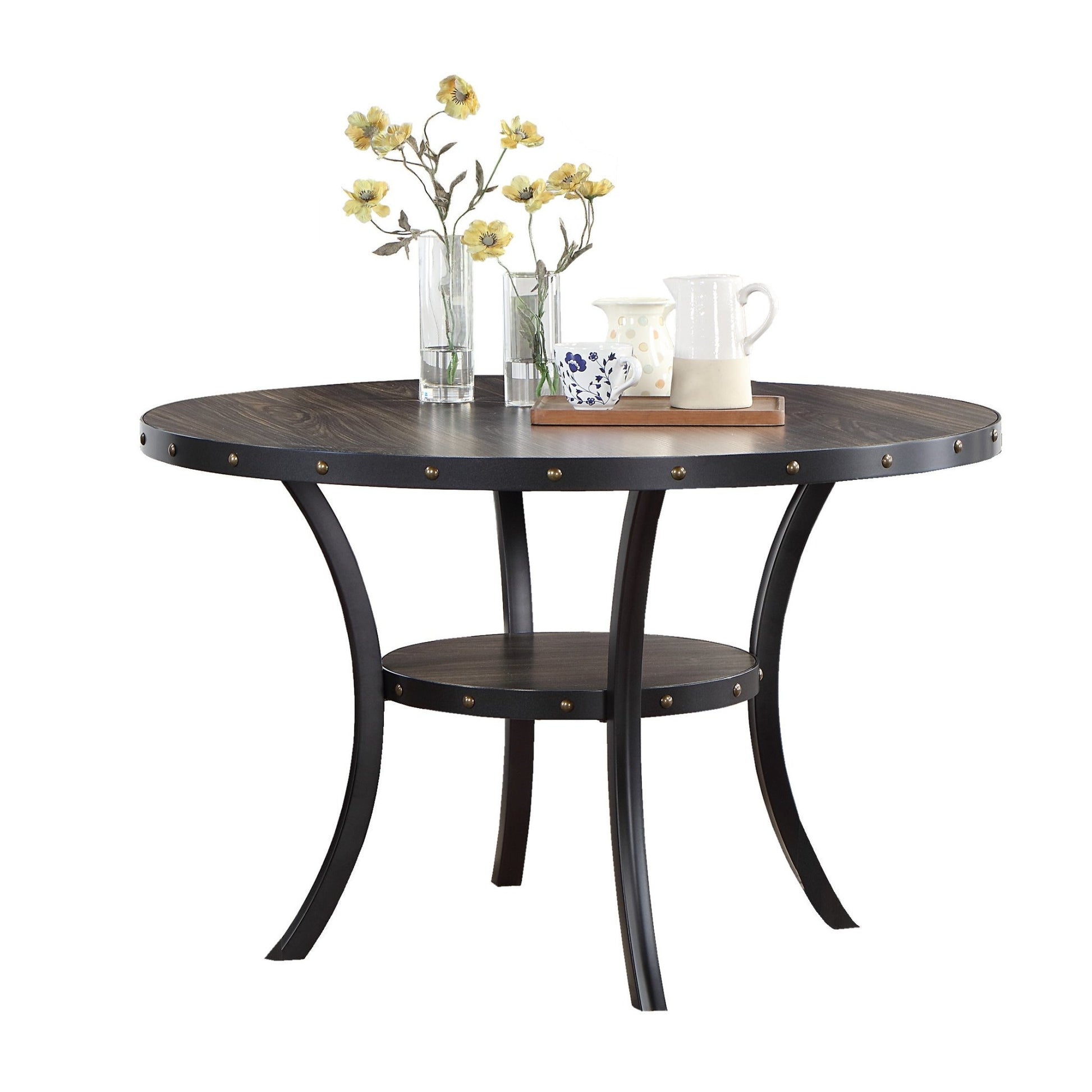 Modern Classic Dining Room Furniture Natural Wood Round Dining Table 4x Side Chairs Charcoal Fabric Tufted Roll Back Top Chair Storage Shelve 5pc Dining Set - 1st Choice Furniture Direct