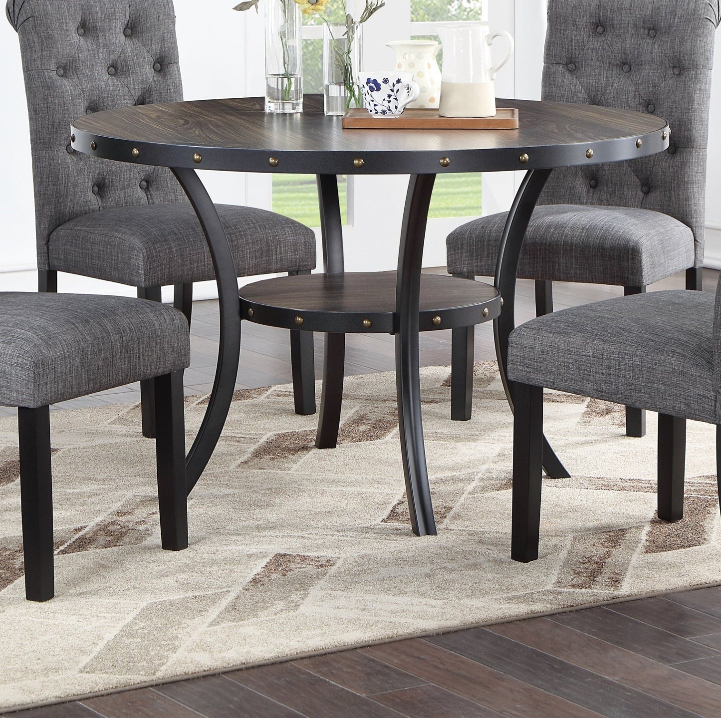 Modern Classic Dining Room Furniture Natural Wood Round Dining Table 4x Side Chairs Charcoal Fabric Tufted Roll Back Top Chair Storage Shelve 5pc Dining Set - 1st Choice Furniture Direct