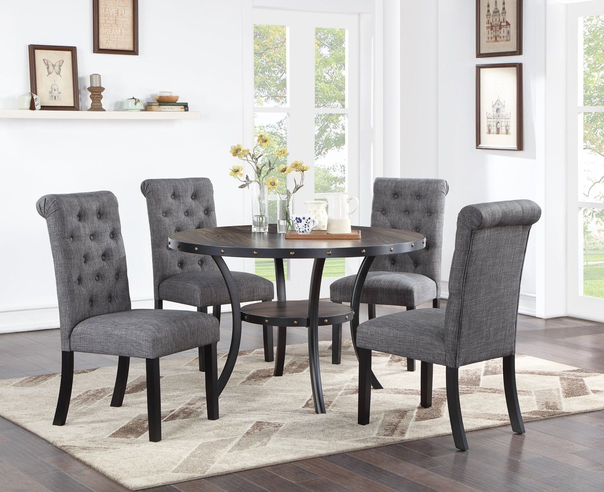 Modern Classic Dining Room Furniture Natural Wood Round Dining Table 4x Side Chairs Charcoal Fabric Tufted Roll Back Top Chair Storage Shelve 5pc Dining Set - 1st Choice Furniture Direct