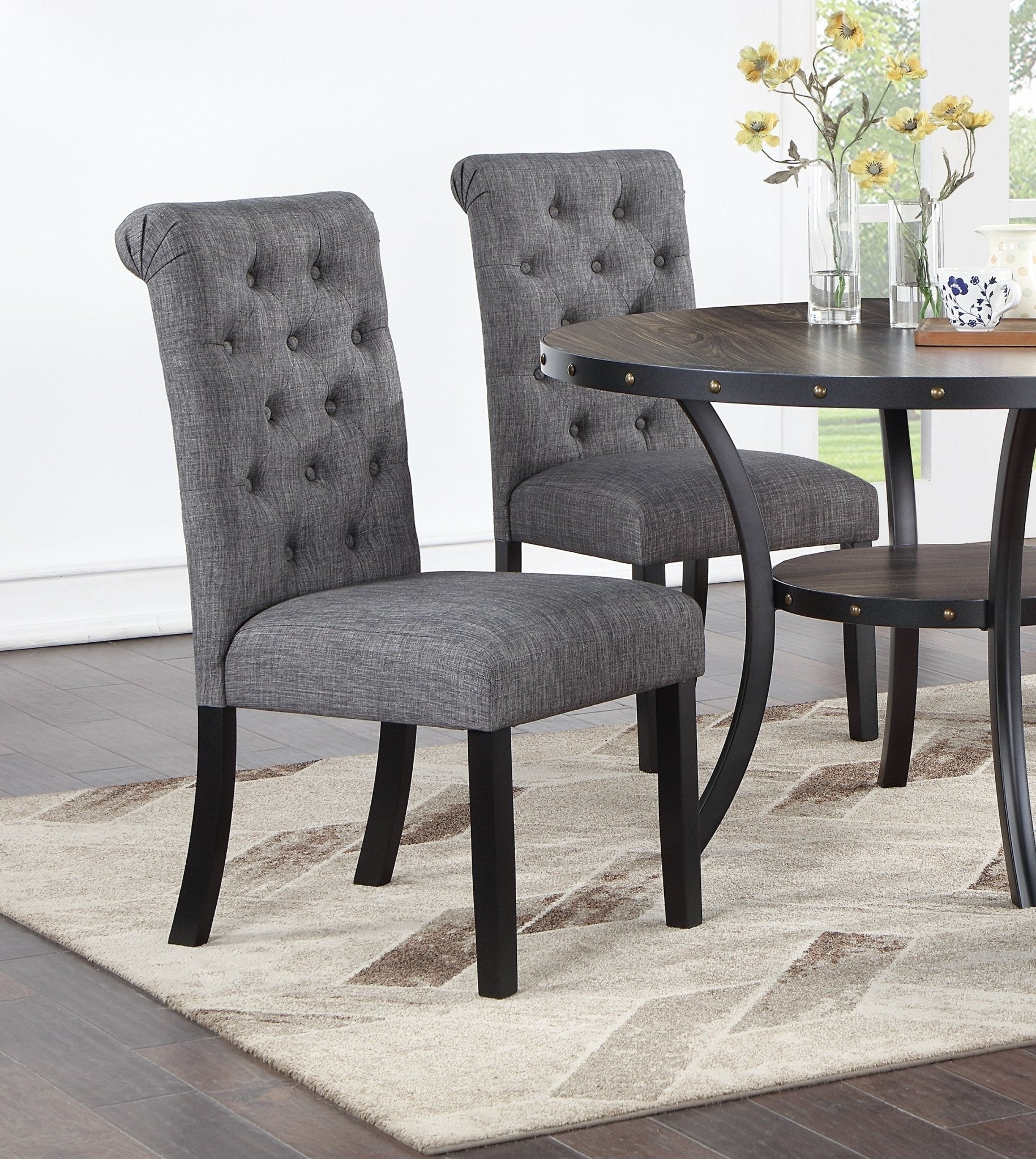 Modern Classic Dining Room Furniture Natural Wood Round Dining Table 4x Side Chairs Charcoal Fabric Tufted Roll Back Top Chair Storage Shelve 5pc Dining Set - 1st Choice Furniture Direct