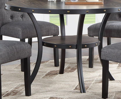 Modern Classic Dining Room Furniture Natural Wood Round Dining Table 4x Side Chairs Charcoal Fabric Tufted Roll Back Top Chair Storage Shelve 5pc Dining Set - 1st Choice Furniture Direct