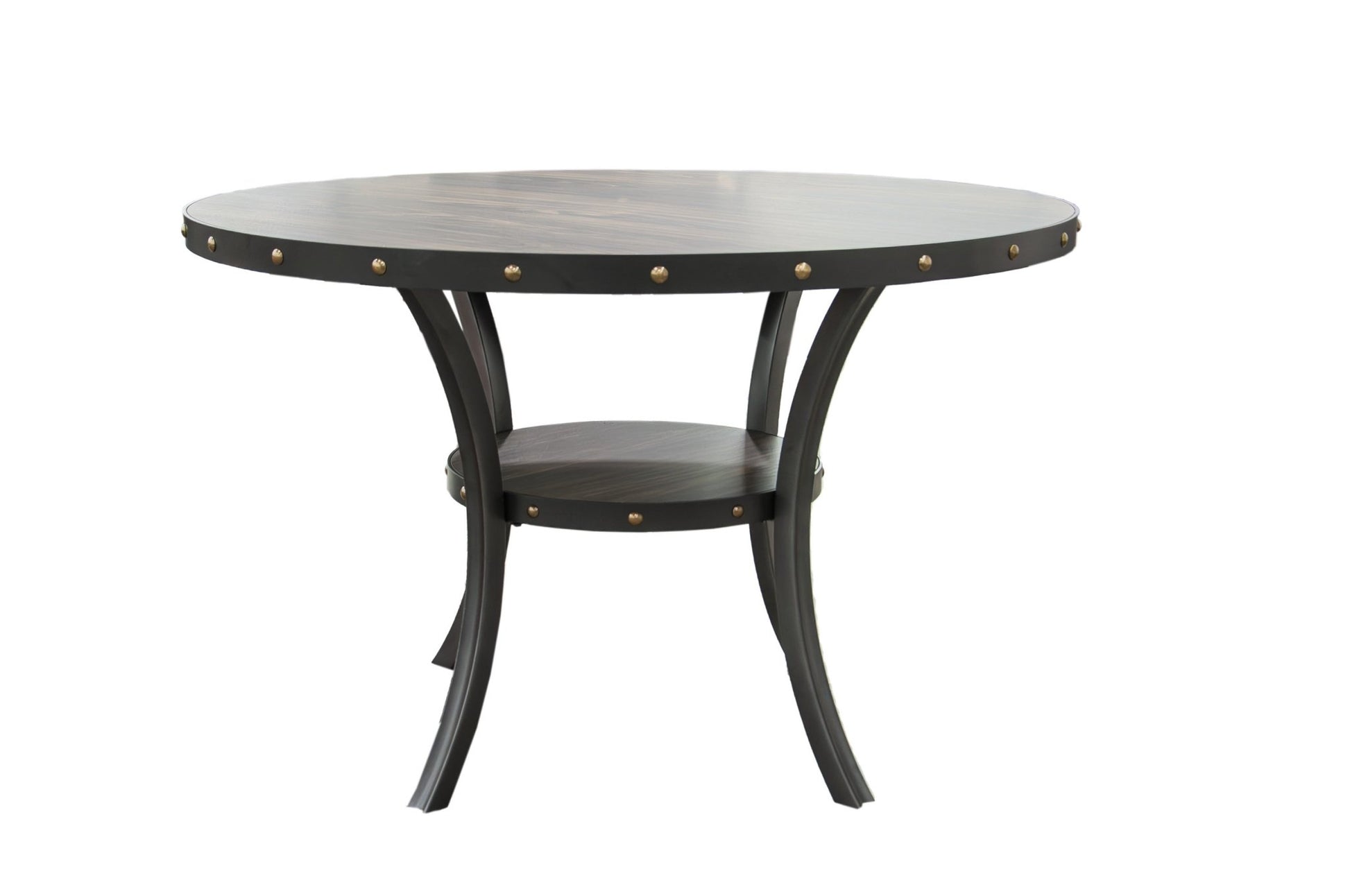 Modern Classic Dining Room Furniture Natural Wood Round Dining Table 4x Side Chairs Charcoal Fabric Tufted Roll Back Top Chair Storage Shelve 5pc Dining Set - 1st Choice Furniture Direct