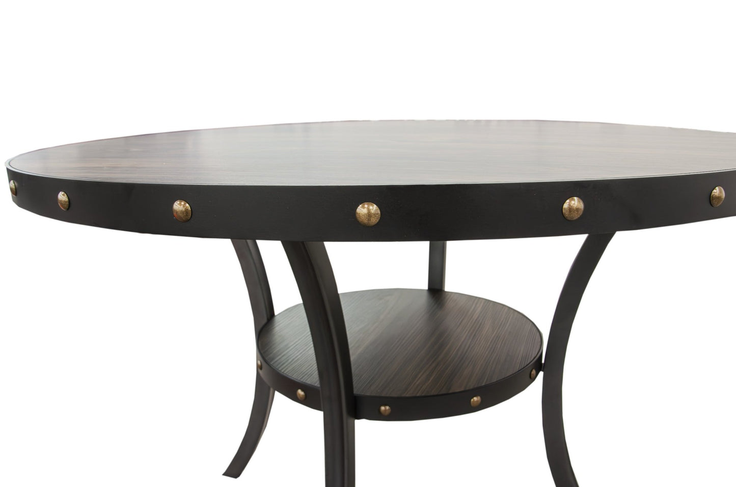 Modern Classic Dining Room Furniture Natural Wood Round Dining Table 4x Side Chairs Charcoal Fabric Tufted Roll Back Top Chair Storage Shelve 5pc Dining Set - 1st Choice Furniture Direct