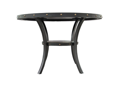 Modern Classic Dining Room Furniture Natural Wood Round Dining Table 4x Side Chairs Charcoal Fabric Tufted Roll Back Top Chair Storage Shelve 5pc Dining Set - 1st Choice Furniture Direct