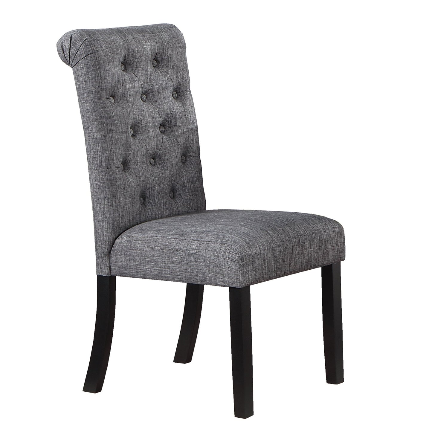 Modern Classic Dining Room Furniture Natural Wood Round Dining Table 4x Side Chairs Charcoal Fabric Tufted Roll Back Top Chair Storage Shelve 5pc Dining Set - 1st Choice Furniture Direct