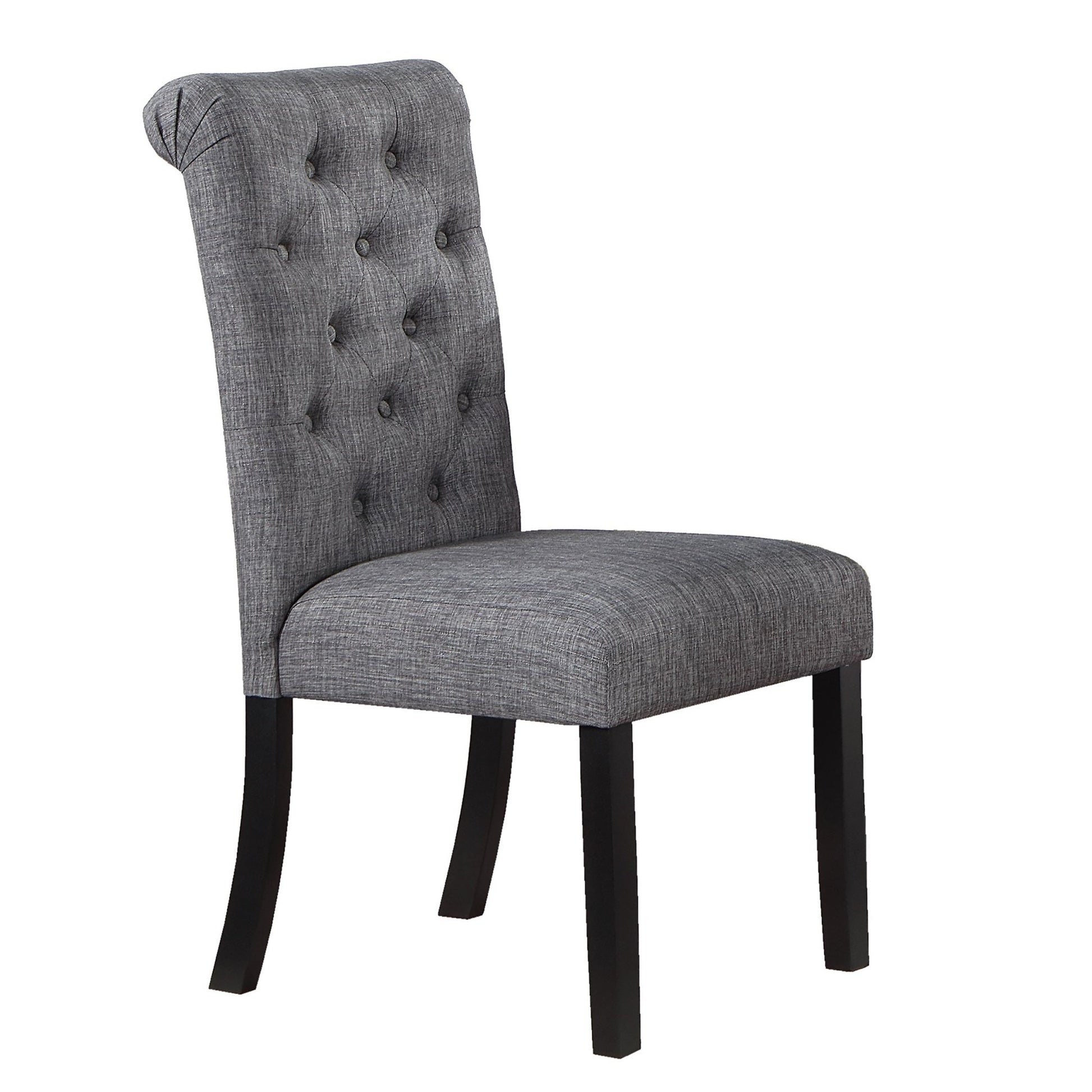 Modern Classic Dining Room Furniture Natural Wood Round Dining Table 4x Side Chairs Charcoal Fabric Tufted Roll Back Top Chair Storage Shelve 5pc Dining Set - 1st Choice Furniture Direct