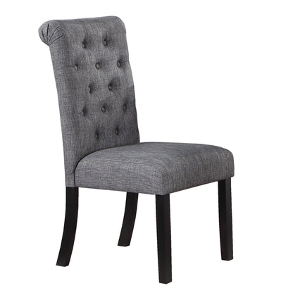 Modern Classic Dining Room Furniture Natural Wood Round Dining Table 4x Side Chairs Charcoal Fabric Tufted Roll Back Top Chair Storage Shelve 5pc Dining Set - 1st Choice Furniture Direct