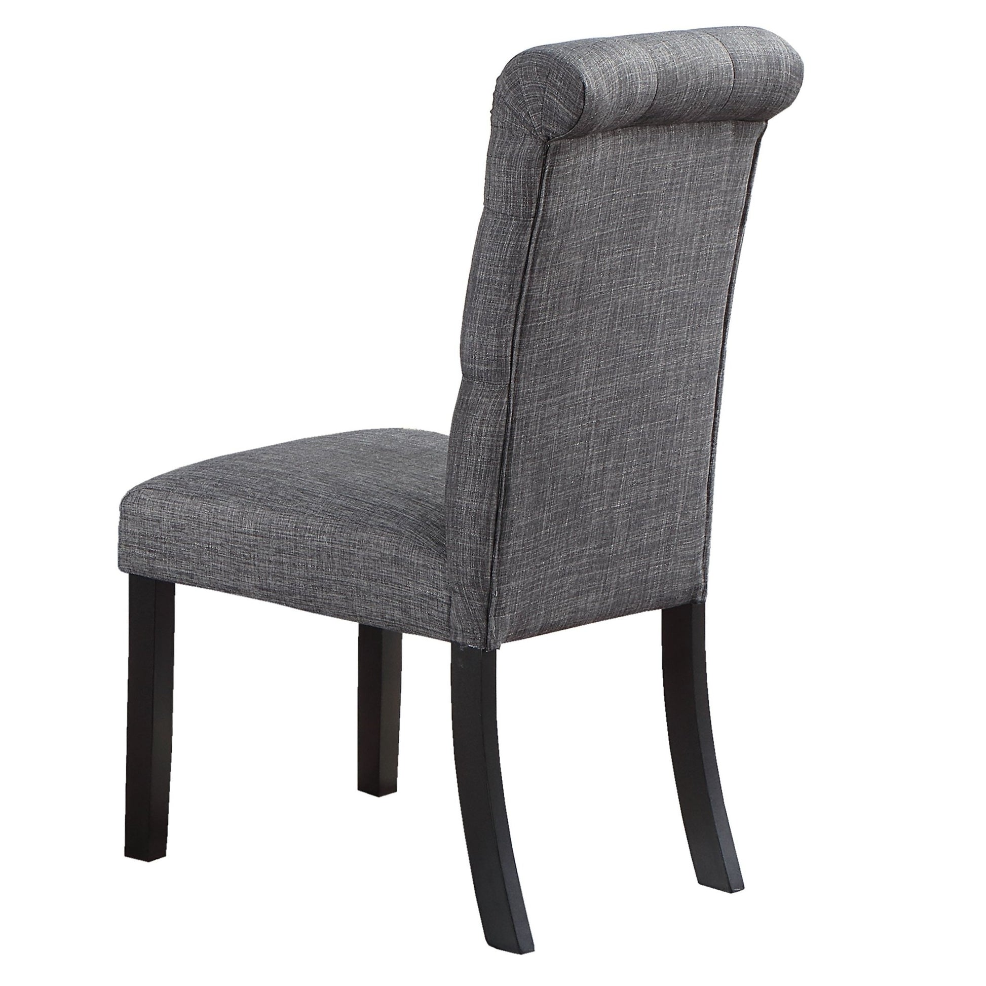 Modern Classic Dining Room Furniture Natural Wood Round Dining Table 4x Side Chairs Charcoal Fabric Tufted Roll Back Top Chair Storage Shelve 5pc Dining Set - 1st Choice Furniture Direct