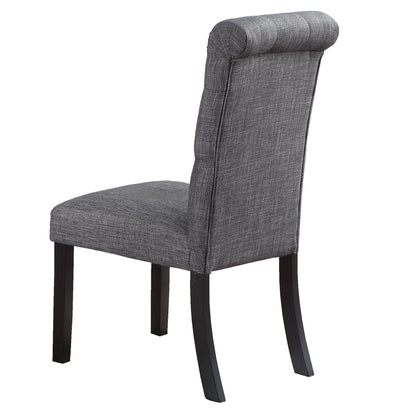 Modern Classic Dining Room Furniture Natural Wood Round Dining Table 4x Side Chairs Charcoal Fabric Tufted Roll Back Top Chair Storage Shelve 5pc Dining Set - 1st Choice Furniture Direct