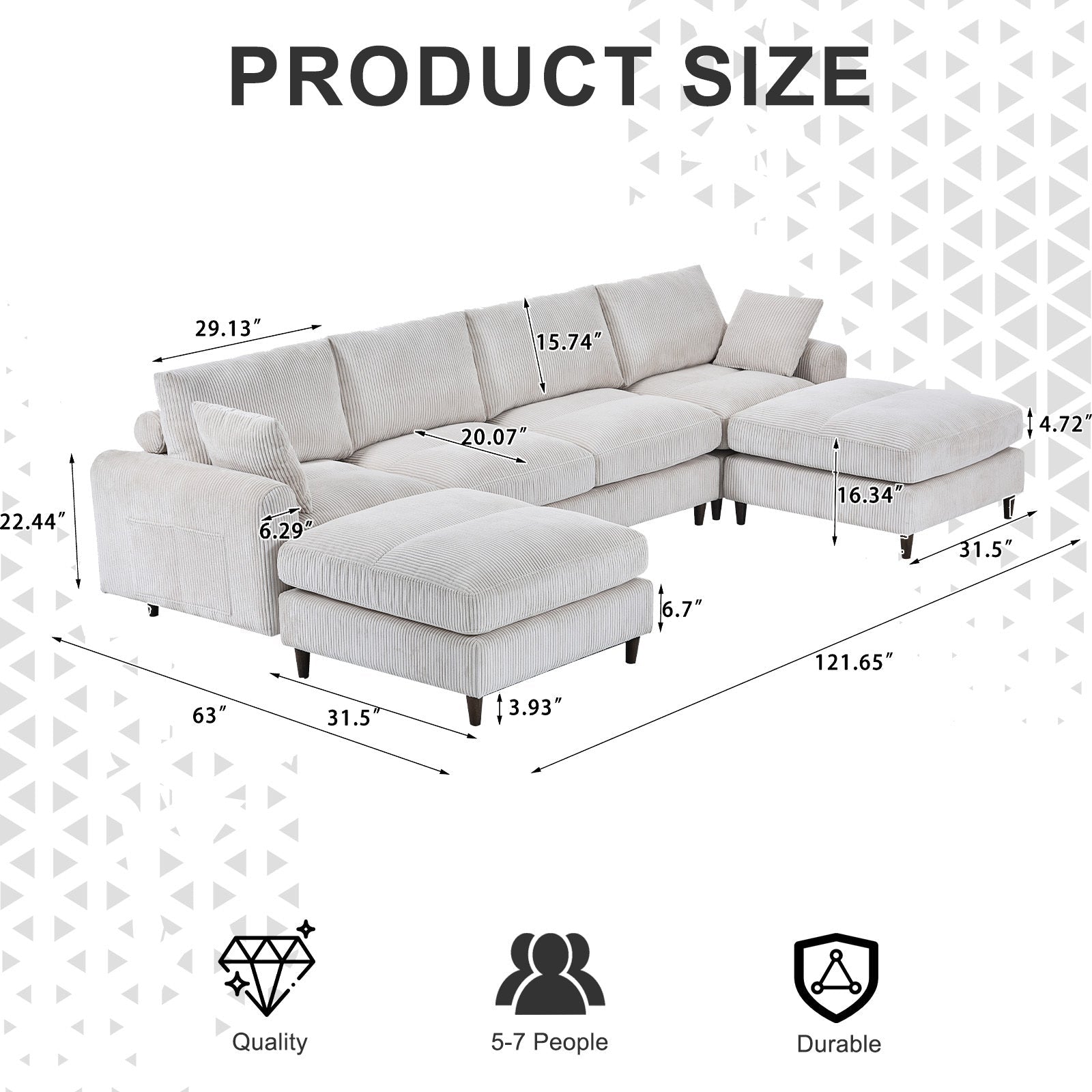 Modern corduroy modular section sofa, U - shaped convertible L - shaped sofa set with pillow, oversized sectional sofa with footstool, suitable for living room, attic, apartment, office - white 6 seat - 1st Choice Furniture Direct