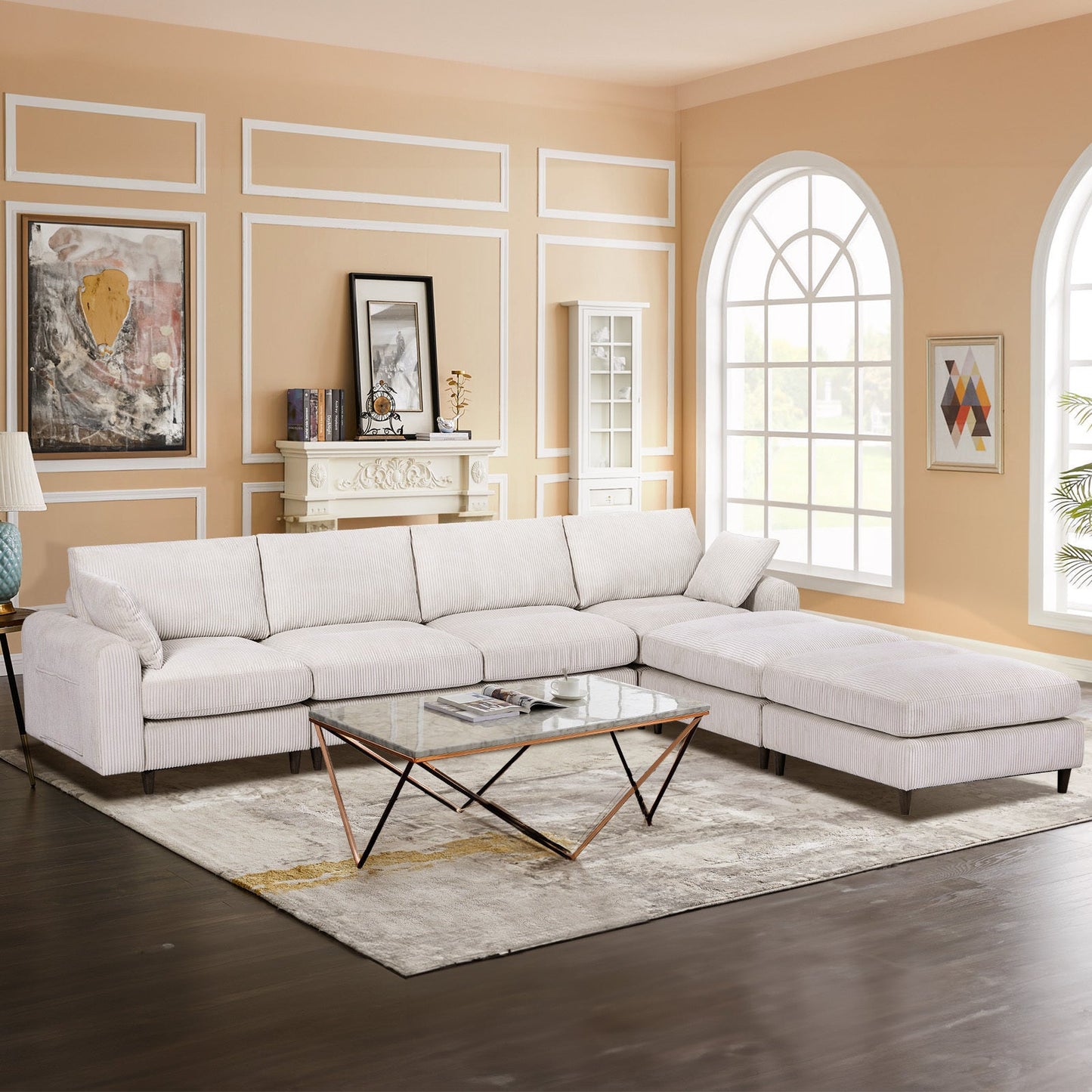 Modern corduroy modular section sofa, U - shaped convertible L - shaped sofa set with pillow, oversized sectional sofa with footstool, suitable for living room, attic, apartment, office - white 6 seat - 1st Choice Furniture Direct