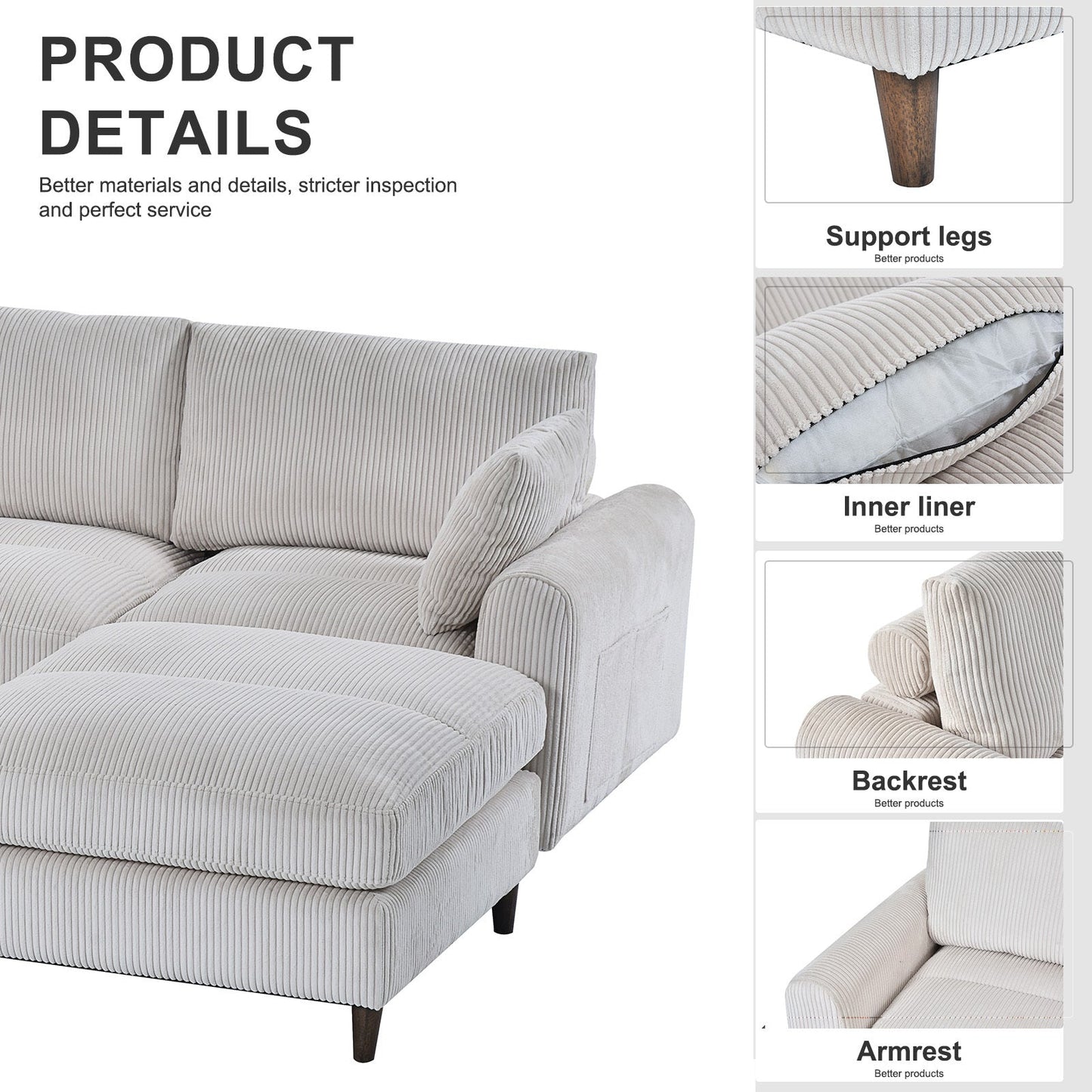 Modern corduroy modular section sofa, U - shaped convertible L - shaped sofa set with pillow, oversized sectional sofa with footstool, suitable for living room, attic, apartment, office - white 6 seat - 1st Choice Furniture Direct