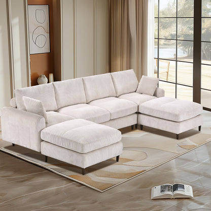 Modern corduroy modular section sofa, U - shaped convertible L - shaped sofa set with pillow, oversized sectional sofa with footstool, suitable for living room, attic, apartment, office - white 6 seat - 1st Choice Furniture Direct