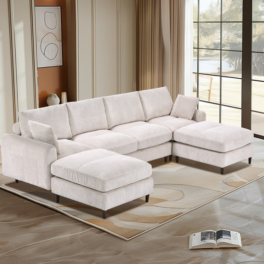 Modern corduroy modular section sofa, U - shaped convertible L - shaped sofa set with pillow, oversized sectional sofa with footstool, suitable for living room, attic, apartment, office - white 6 seat - 1st Choice Furniture Direct