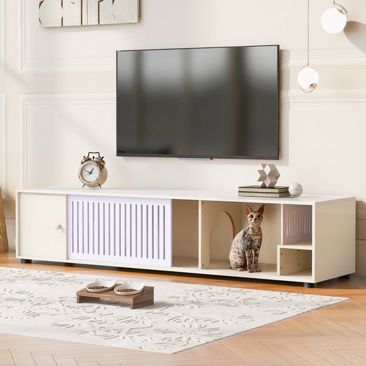 Modern Cream White TV Stand with Storage, Cat Litter Box Enclosure with Removable Sliding Door - 1st Choice Furniture Direct