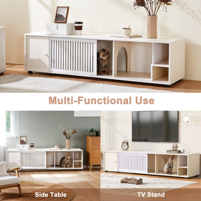 Modern Cream White TV Stand with Storage, Cat Litter Box Enclosure with Removable Sliding Door - 1st Choice Furniture Direct
