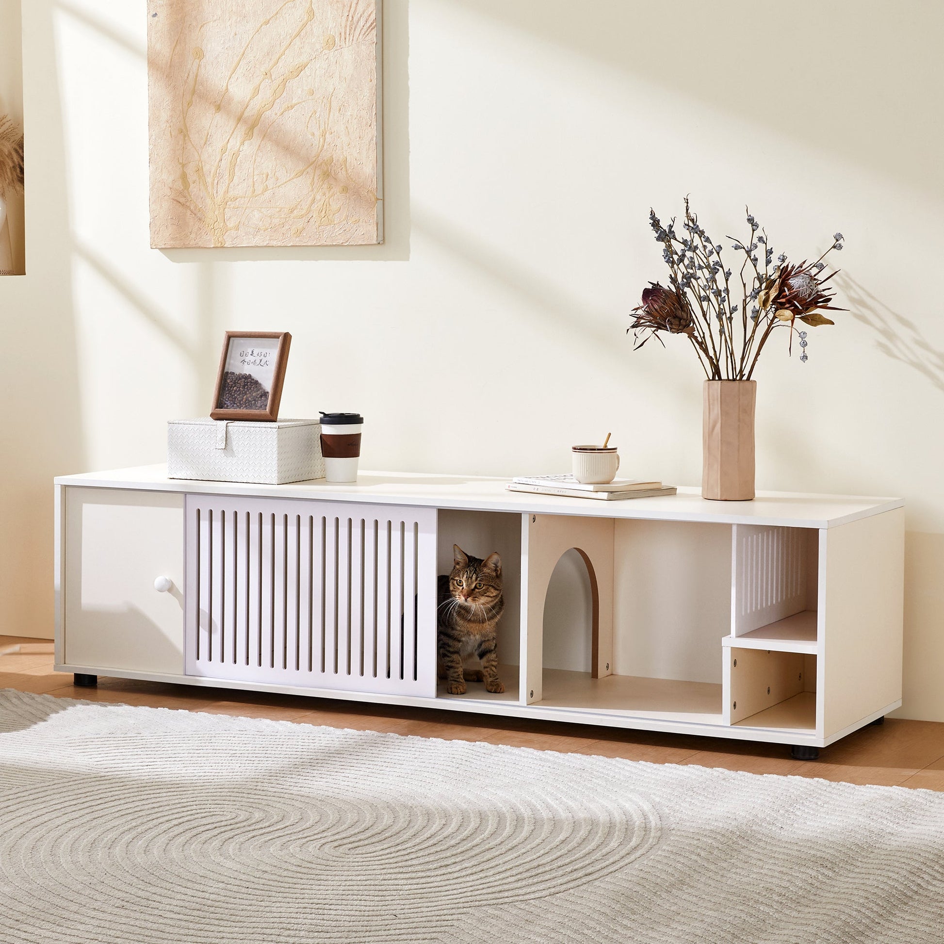 Modern Cream White TV Stand with Storage, Cat Litter Box Enclosure with Removable Sliding Door - 1st Choice Furniture Direct