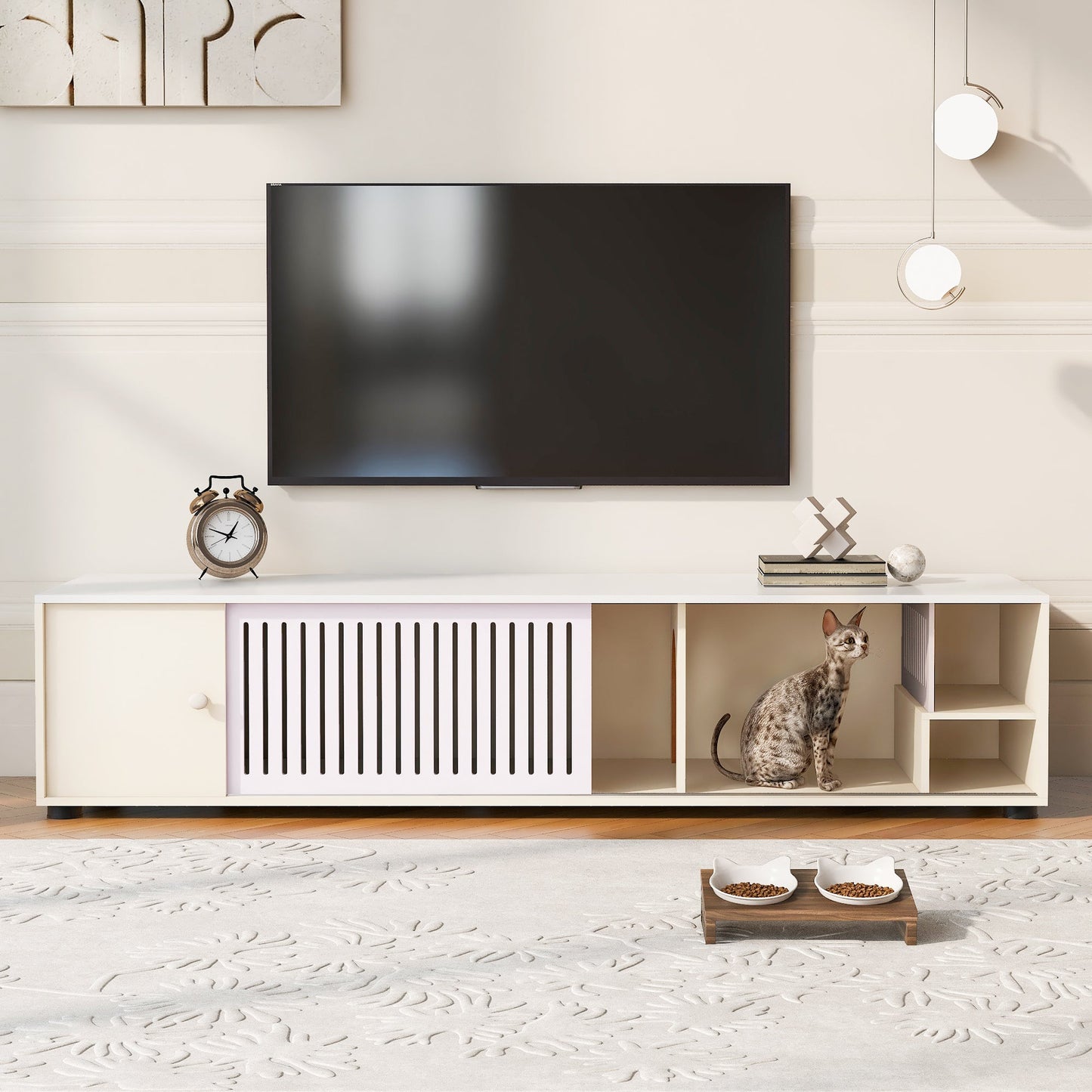 Modern Cream White TV Stand with Storage, Cat Litter Box Enclosure with Removable Sliding Door - 1st Choice Furniture Direct