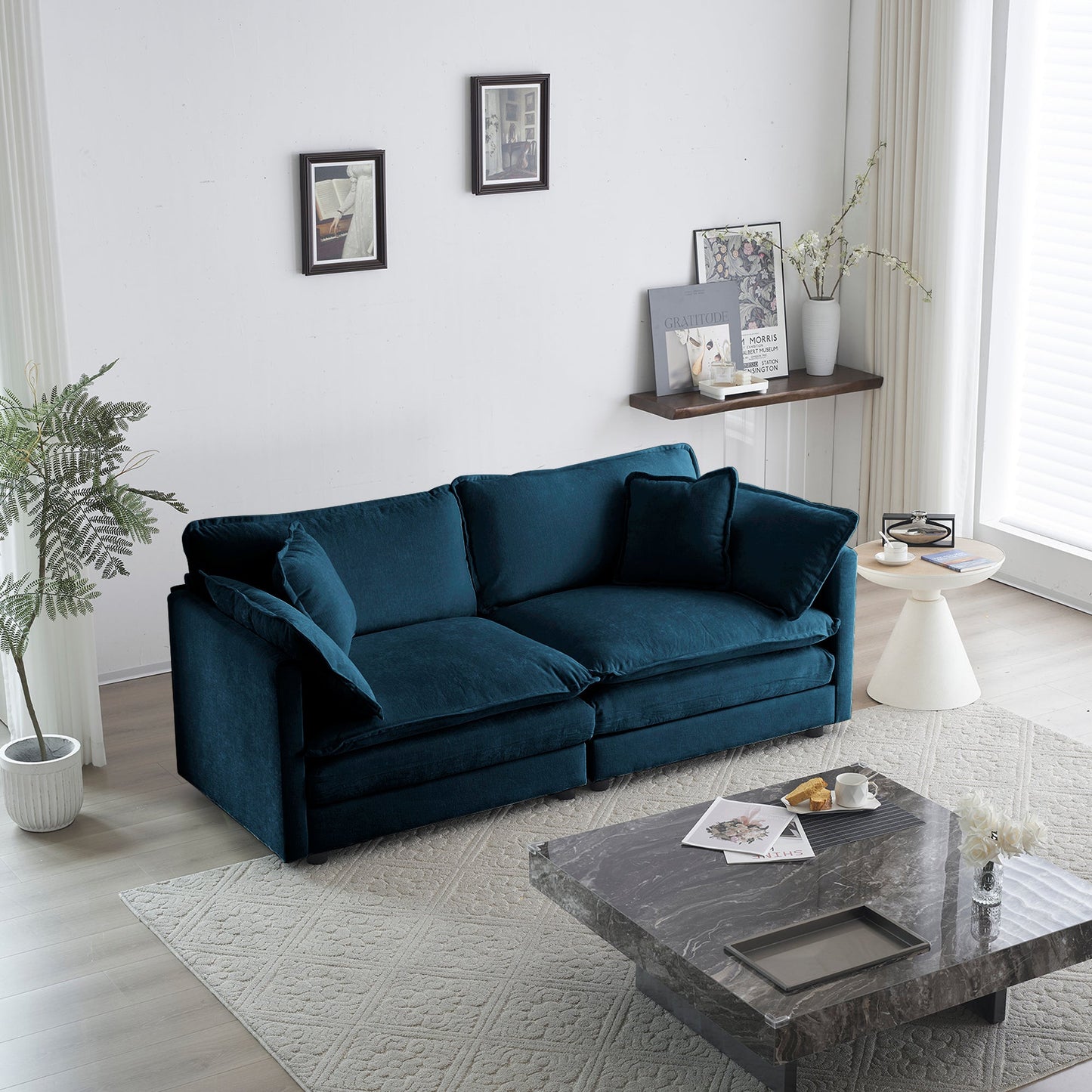 Modern Fabric Loveseat Sofa Couch for Living Room, Upholstered Large Size Deep Seat 2 - Seat Sofa with 4 Pillows ,Blue Chenille - 1st Choice Furniture Direct