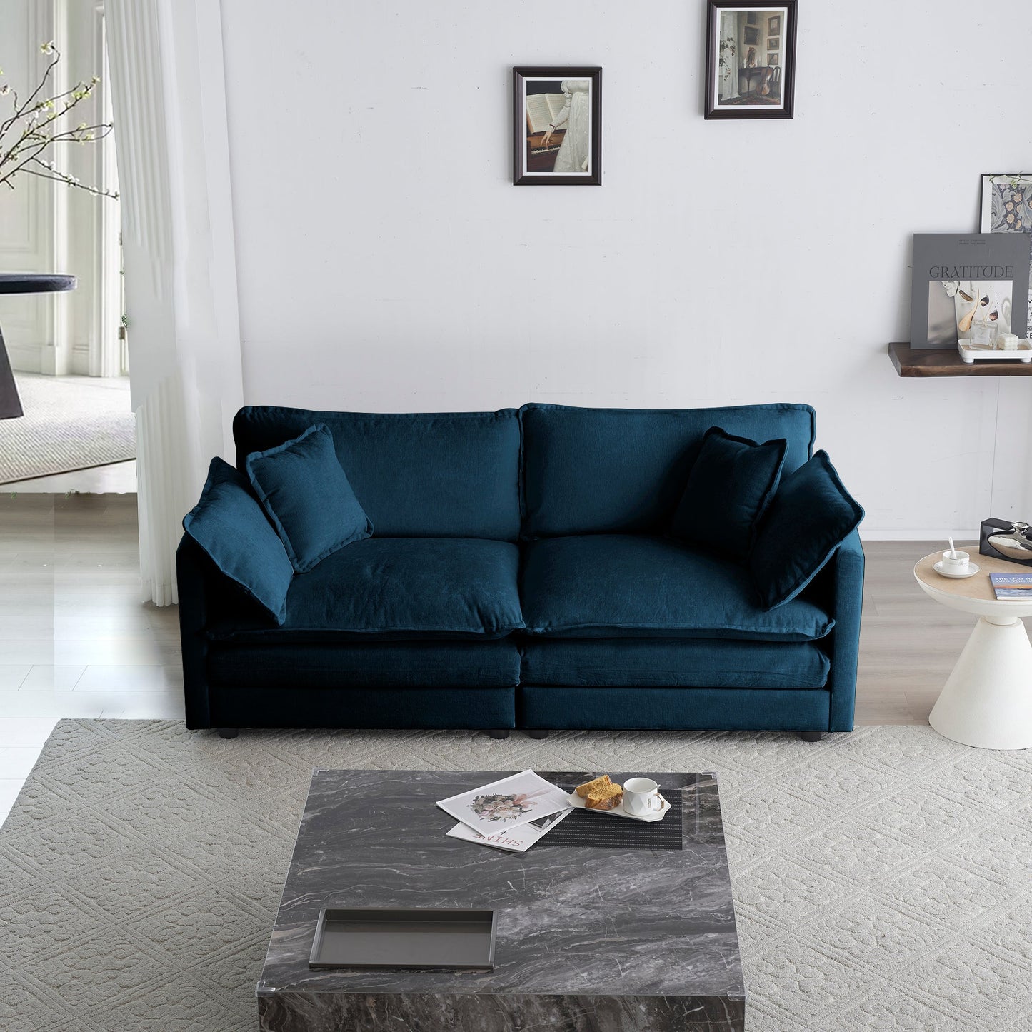 Modern Fabric Loveseat Sofa Couch for Living Room, Upholstered Large Size Deep Seat 2 - Seat Sofa with 4 Pillows ,Blue Chenille - 1st Choice Furniture Direct