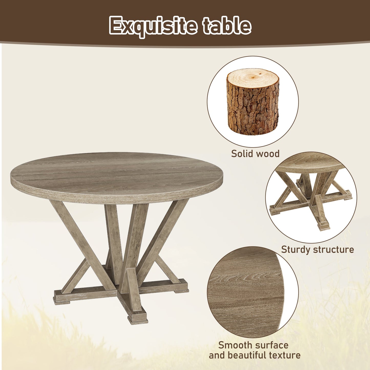 Modern Farmhouse Round Dining Table 45.7inch Solid Wood Rubberwood Antique Finishing Rustic Look Distressed Look Wire Brushed for 4 seaters - 1st Choice Furniture Direct