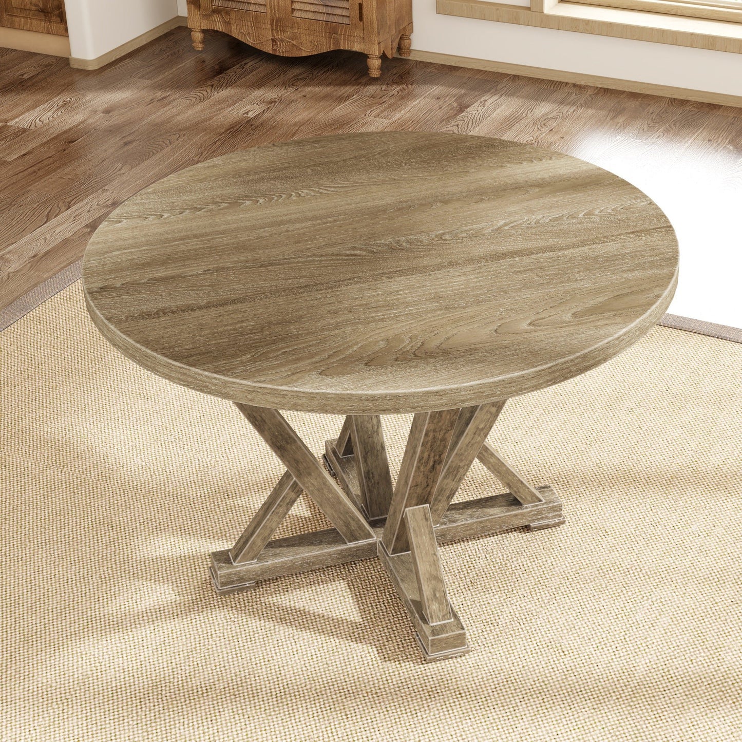 Modern Farmhouse Round Dining Table 45.7inch Solid Wood Rubberwood Antique Finishing Rustic Look Distressed Look Wire Brushed for 4 seaters - 1st Choice Furniture Direct