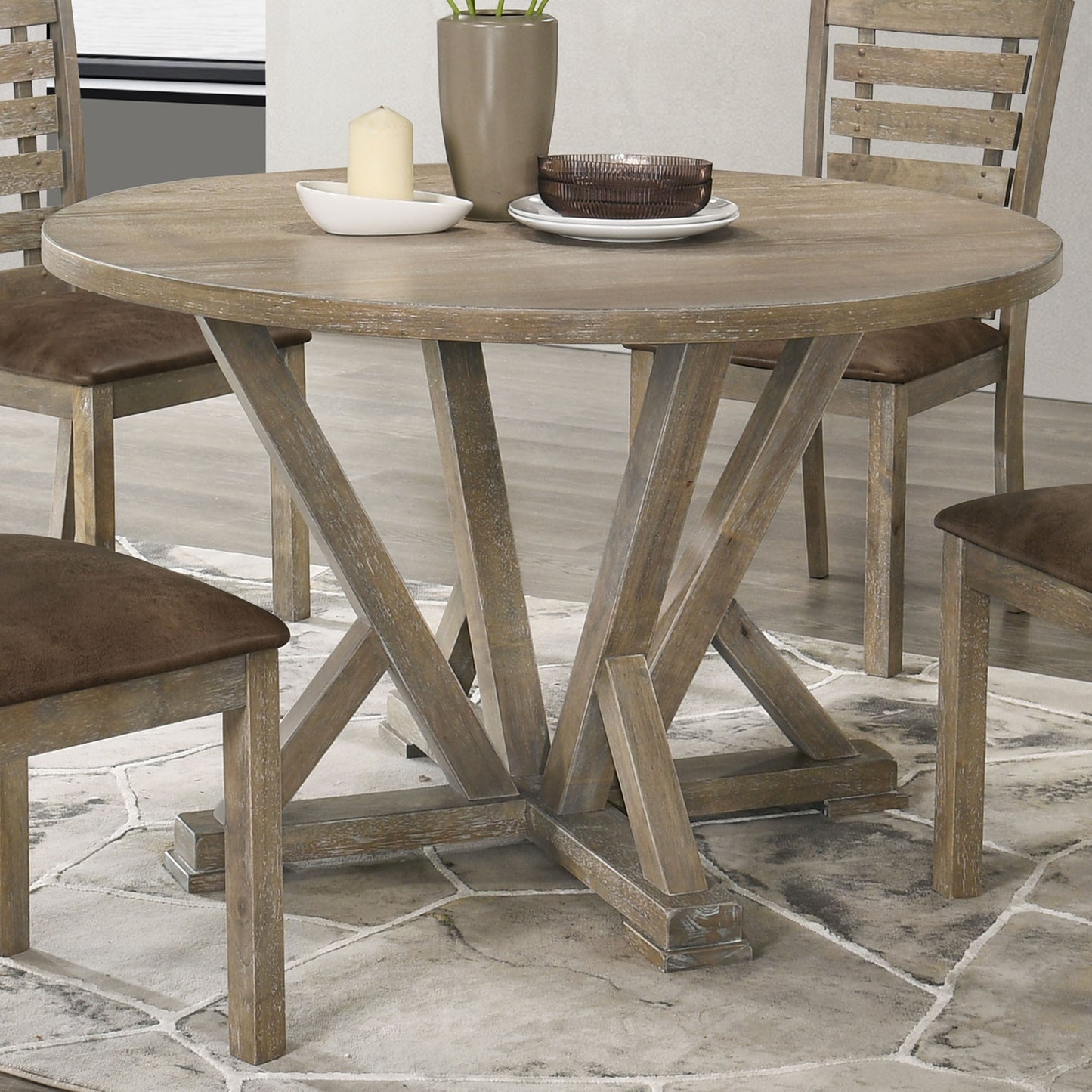 Modern Farmhouse Round Dining Table 45.7inch Solid Wood Rubberwood Antique Finishing Rustic Look Distressed Look Wire Brushed for 4 seaters - 1st Choice Furniture Direct