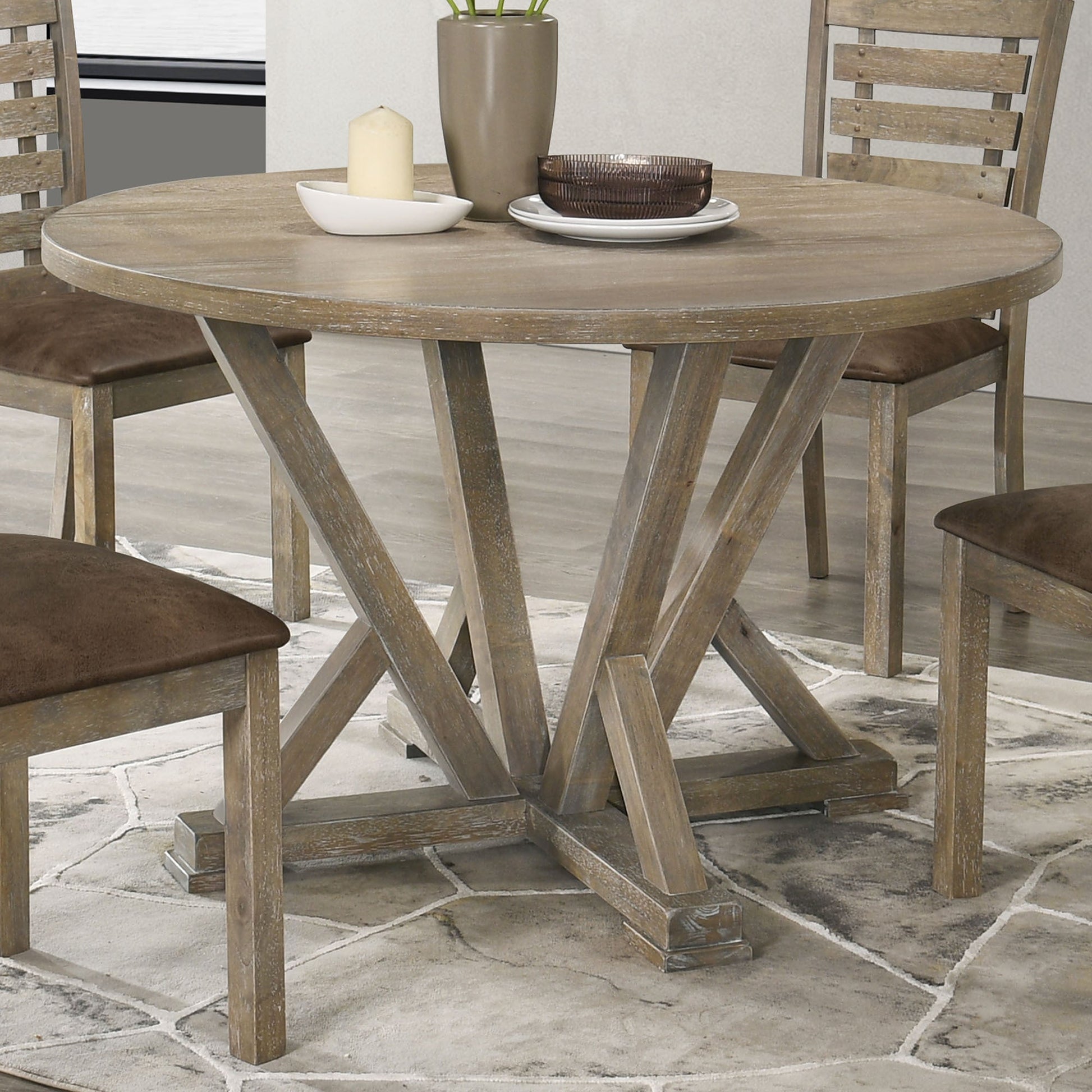 Modern Farmhouse Round Dining Table 45.7inch Solid Wood Rubberwood Antique Finishing Rustic Look Distressed Look Wire Brushed for 4 seaters - 1st Choice Furniture Direct