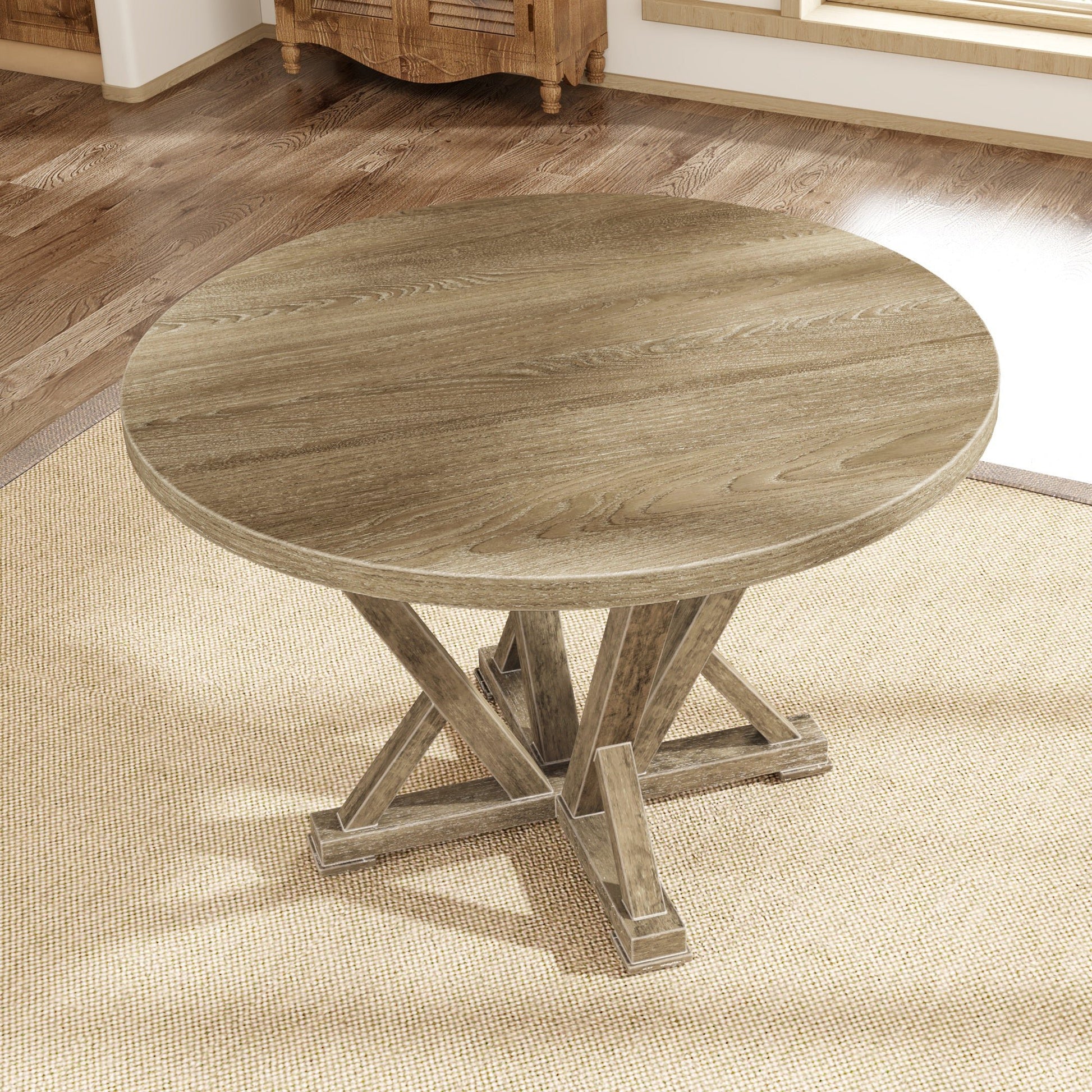 Modern Farmhouse Round Dining Table 45.7inch Solid Wood Rubberwood Antique Finishing Rustic Look Distressed Look Wire Brushed for 4 seaters - 1st Choice Furniture Direct