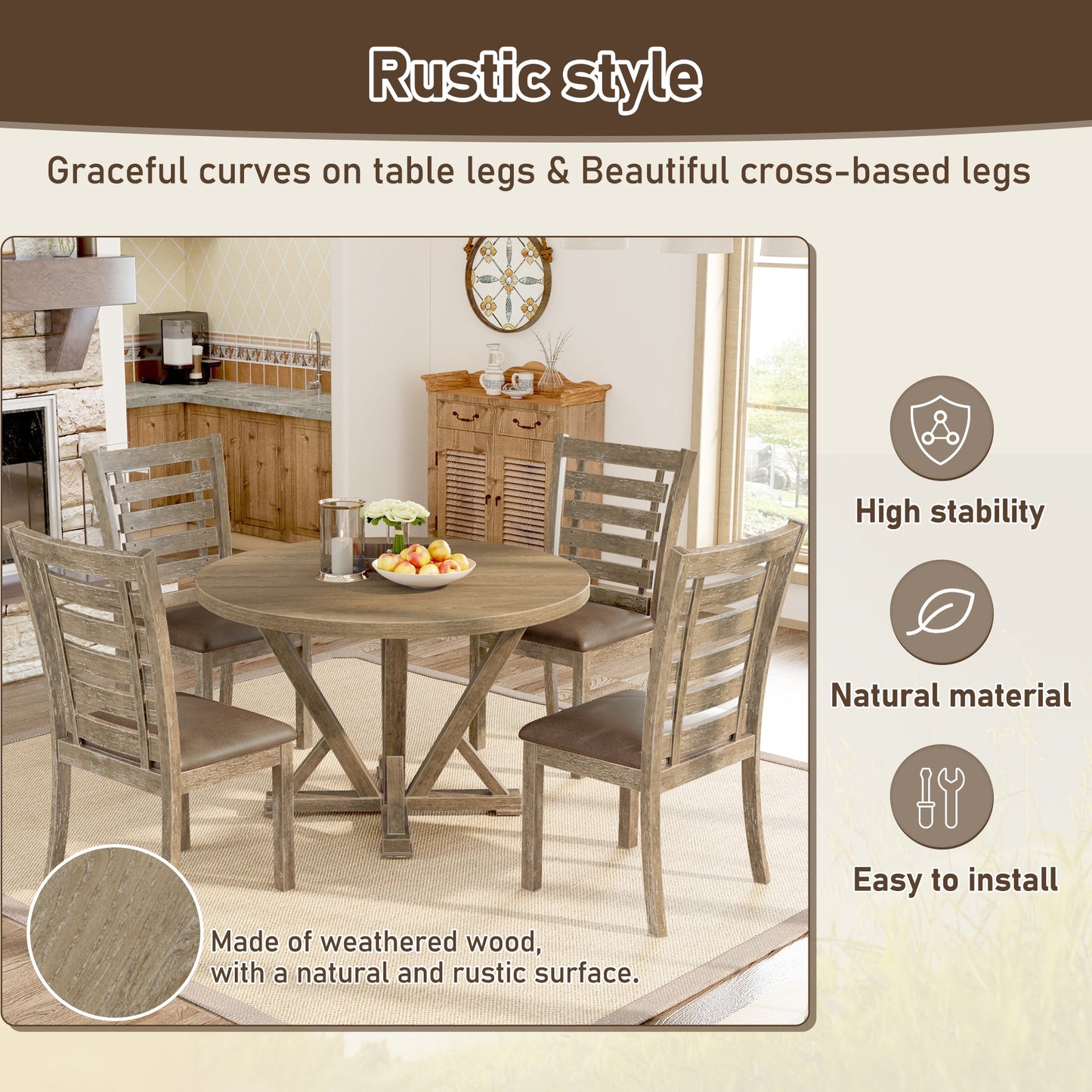 Modern Farmhouse Round Dining Table 45.7inch Solid Wood Rubberwood Antique Finishing Rustic Look Distressed Look Wire Brushed for 4 seaters - 1st Choice Furniture Direct