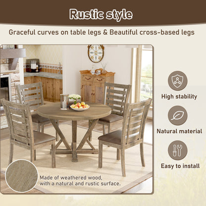 Modern Farmhouse Round Dining Table 45.7inch Solid Wood Rubberwood Antique Finishing Rustic Look Distressed Look Wire Brushed for 4 seaters - 1st Choice Furniture Direct