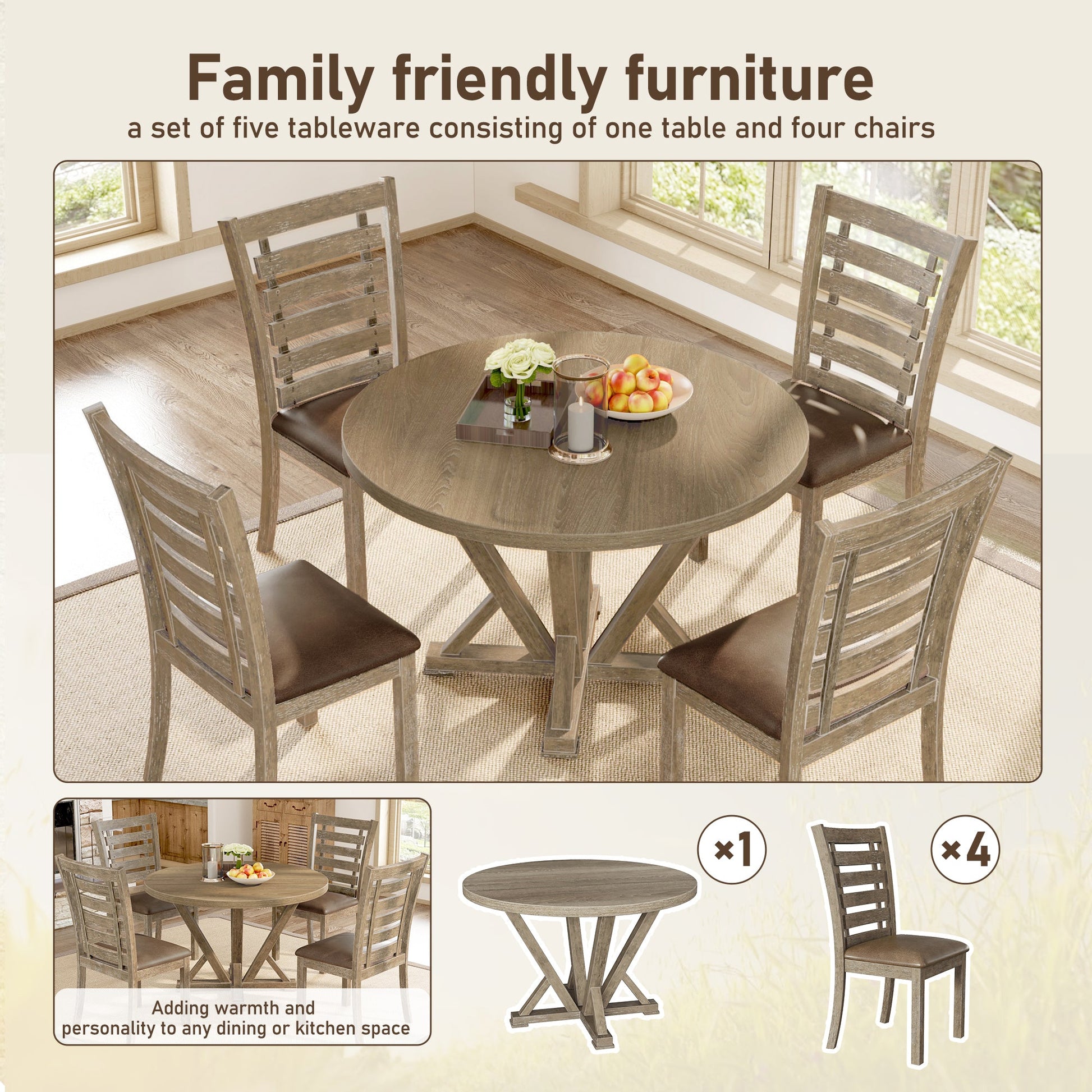 Modern Farmhouse Round Dining Table 45.7inch Solid Wood Rubberwood Antique Finishing Rustic Look Distressed Look Wire Brushed for 4 seaters - 1st Choice Furniture Direct