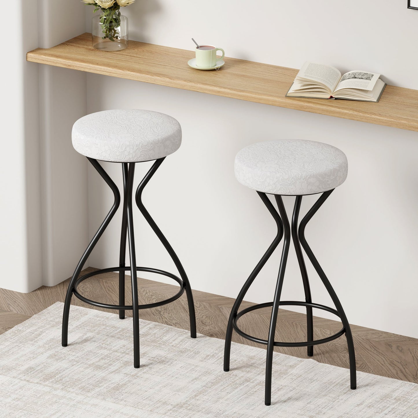 Modern Floral Print Counter Height Bar Stool Set with Footrest, Black & White Upholstered Design, 29 Inches - 1st Choice Furniture Direct