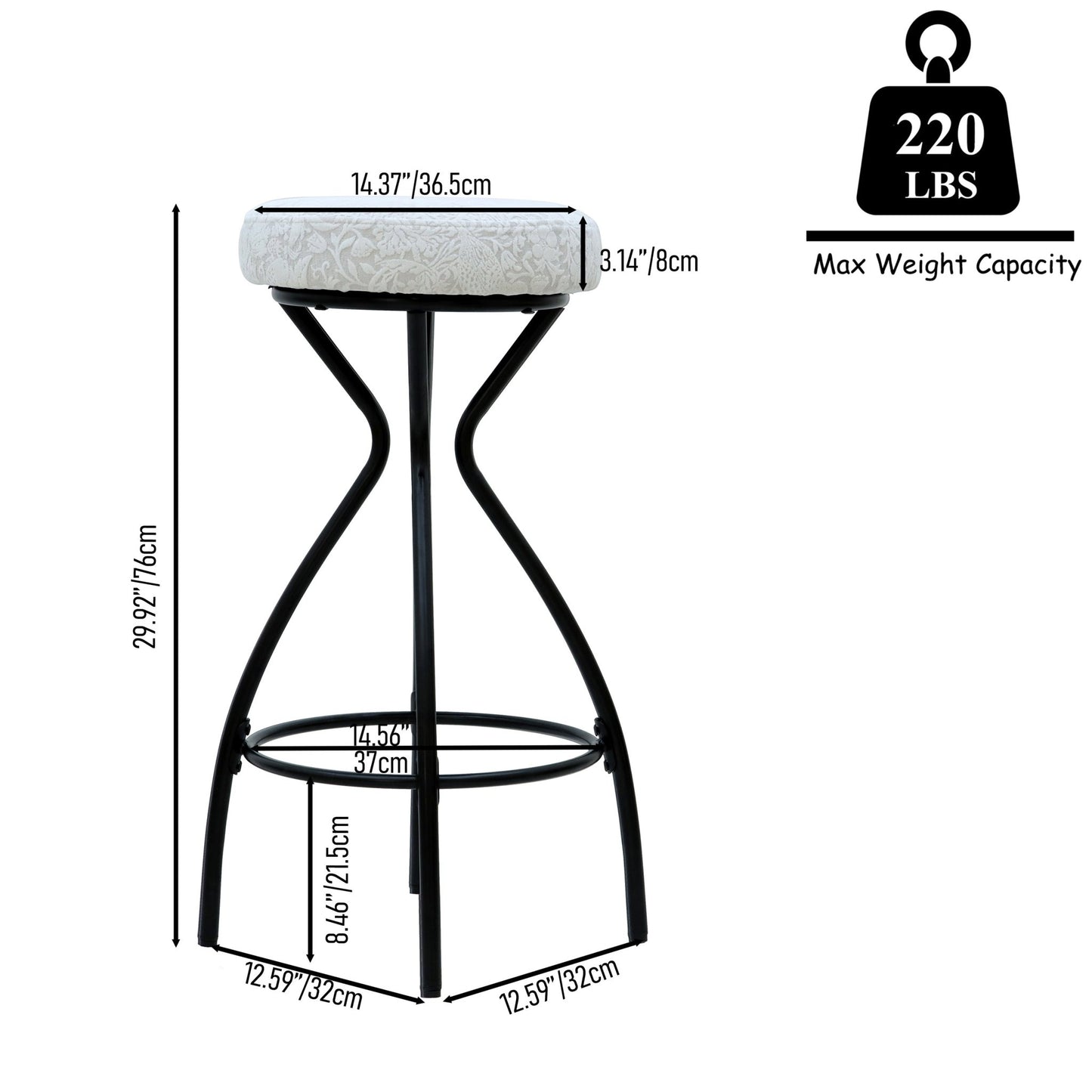 Modern Floral Print Counter Height Bar Stool Set with Footrest, Black & White Upholstered Design, 29 Inches - 1st Choice Furniture Direct