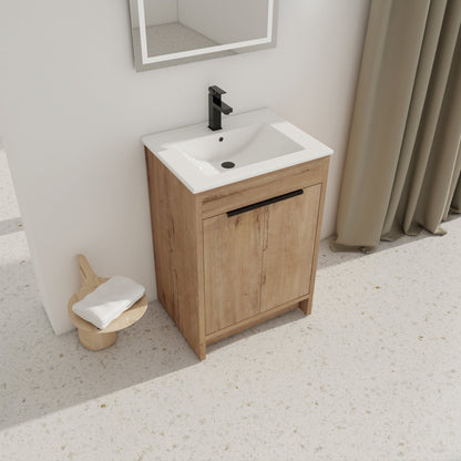 Modern Freestanding Bathroom Vanity with Ceramic Sink – Imitative Oak - 1st Choice Furniture Direct