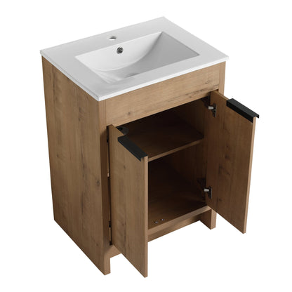 Modern Freestanding Bathroom Vanity with Ceramic Sink – Imitative Oak - 1st Choice Furniture Direct