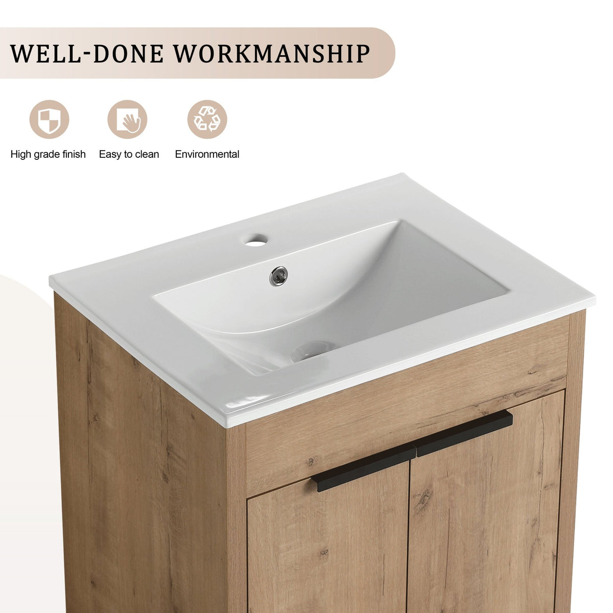 Modern Freestanding Bathroom Vanity with Ceramic Sink – Imitative Oak - 1st Choice Furniture Direct