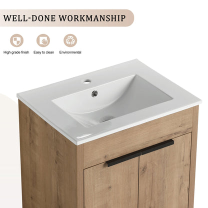 Modern Freestanding Bathroom Vanity with Ceramic Sink – Imitative Oak - 1st Choice Furniture Direct