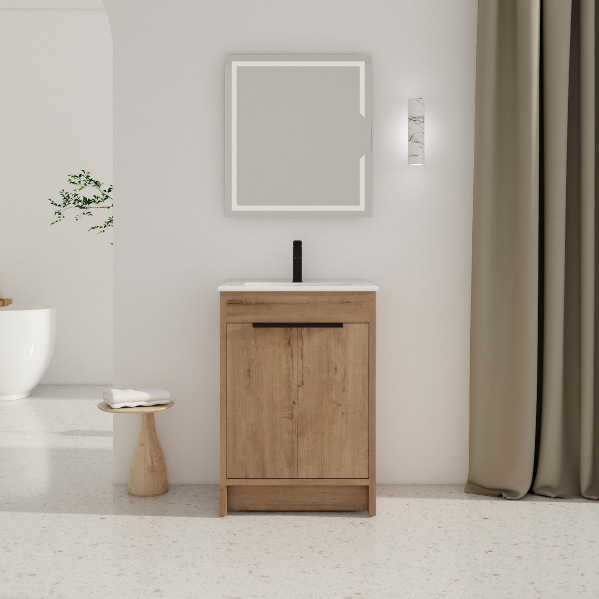 Modern Freestanding Bathroom Vanity with Ceramic Sink – Imitative Oak - 1st Choice Furniture Direct